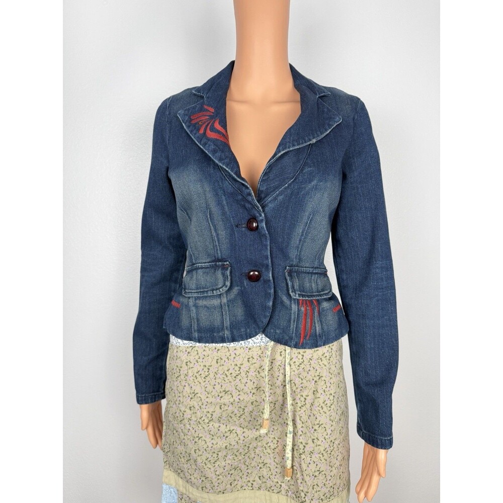 Vintage Y2K GASP Denim Jacket Fitted Blazer Phoenix Embroidery Rhinestone